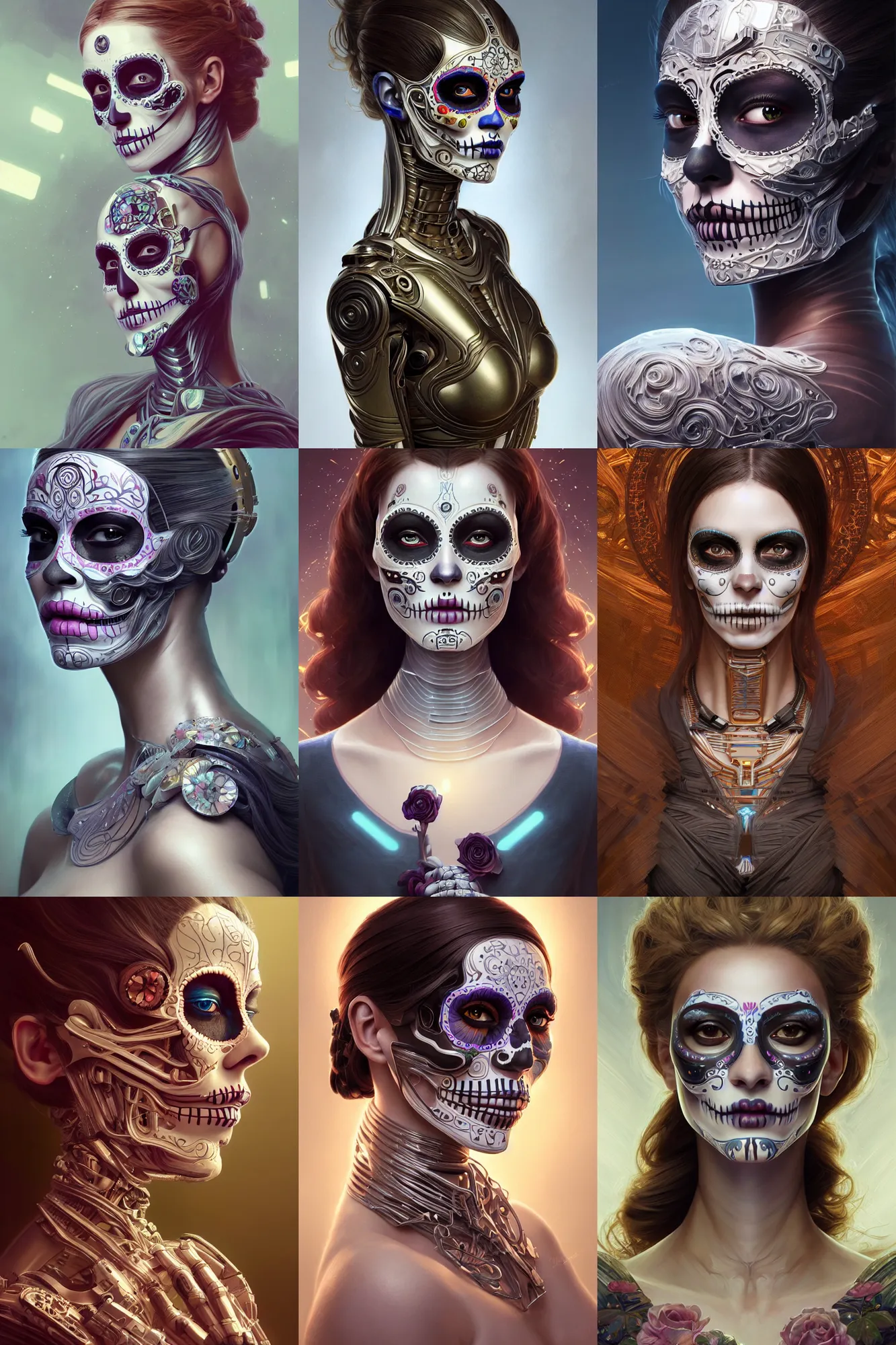 Prompt: half - body - portrait of a female android, intricate, elegant, super highly detailed, professional digital painting, el dia los muertos, concept art, smooth, sharp focus, unreal engine 5, photorealism, hd, 8 k, beautiful, cinematic, art by artgerm and greg rutkowski and alphonse mucha and loish and wlop