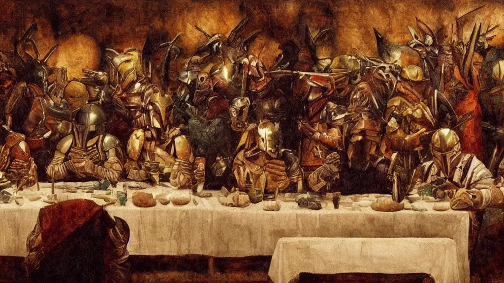 Image similar to mandalorian last supper, by leonardo davinci, concept art, oil painting, art station, dynamic lighting, highly detailed, very detailed, 4 k