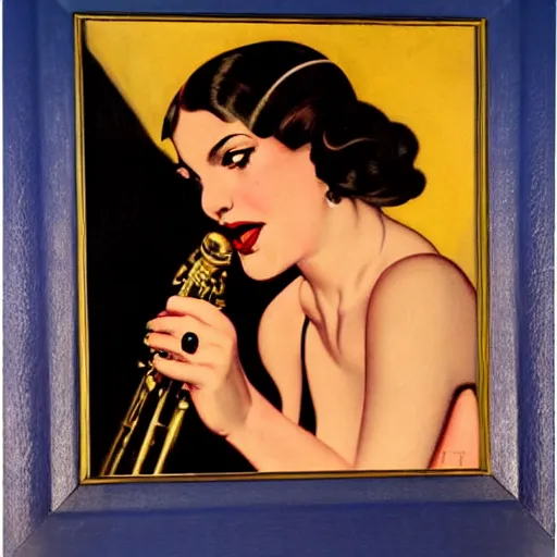 Image similar to art deco painting of a sultry young woman singing jazz in a club, style of norman rockwell, album art