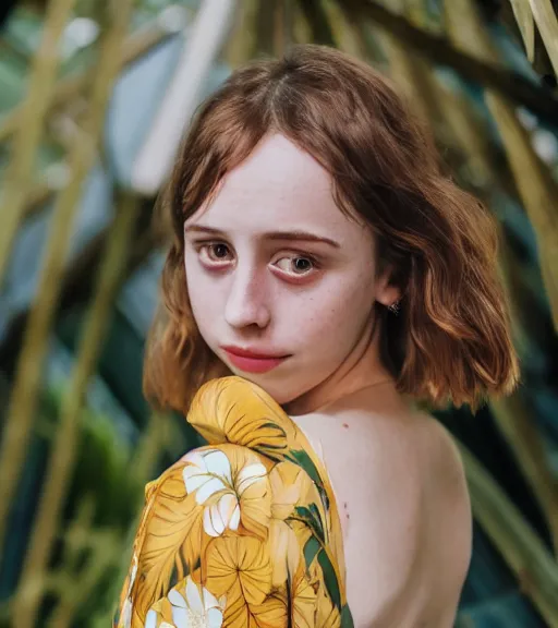 Image similar to head to shoulder Portrait an attractive young female that looks like Maya Hawke wearing a yellow kimono in a tropical greenhouse with a very detailed barn owl on her shoulder, medium format camera, 85mm f1.8, bokeh, Fashion shoot 8k, dreamy, elegant