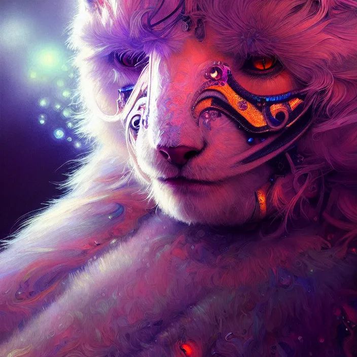 Image similar to psychedelic fluffy furry animal cyborg, diffuse lighting, fantasy, intricate, elegant, highly detailed, lifelike, photorealistic, digital painting, artstation, illustration, concept art, smooth, sharp focus, art by John Collier and Albert Aublet and Krenz Cushart and Artem Demura and Alphonse Mucha