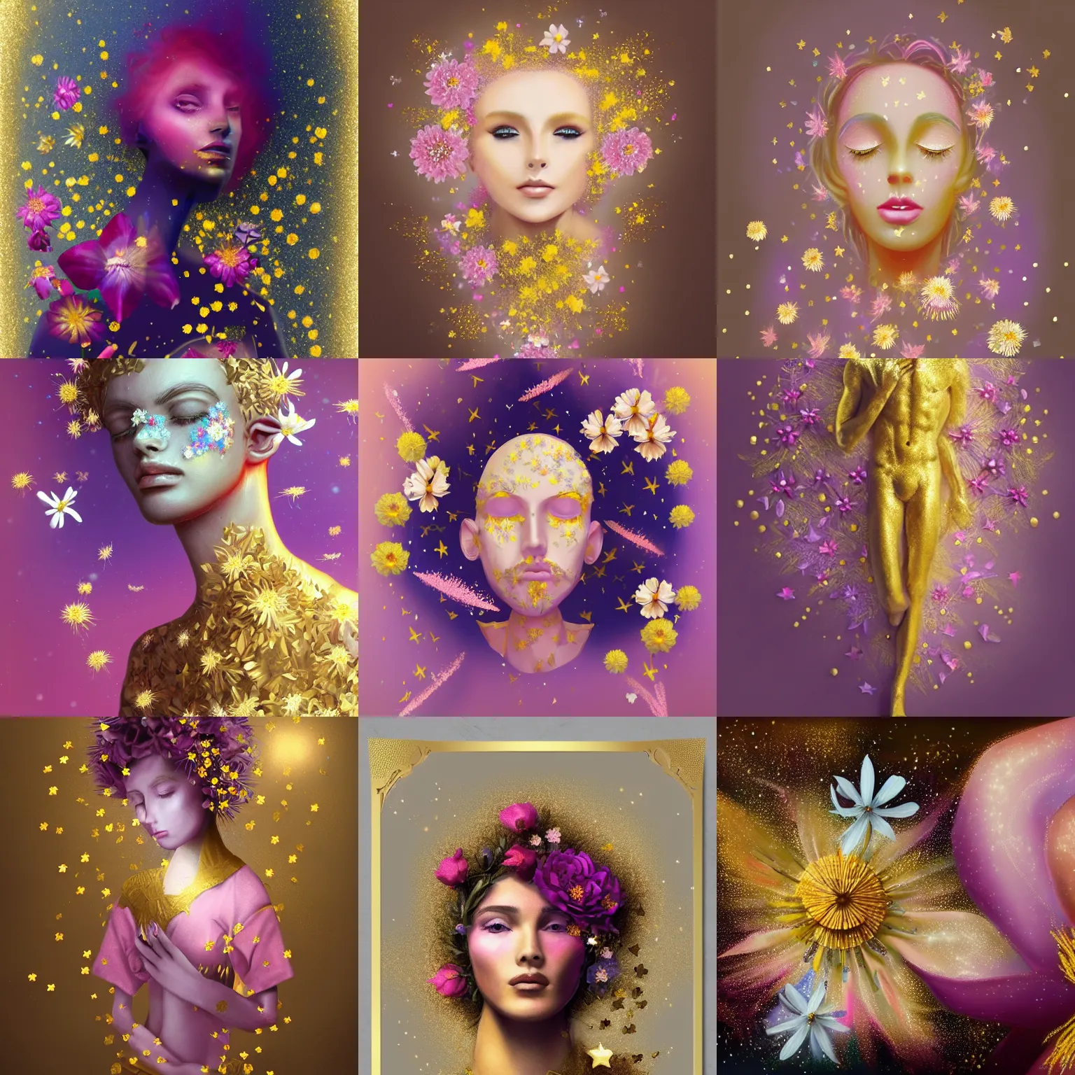 Image similar to man made of beautiful flowers and stars. fantasy art. trending on artstation. 4 k. pastel. golden foil. elegant. rose, dandelion, chamomile, lily