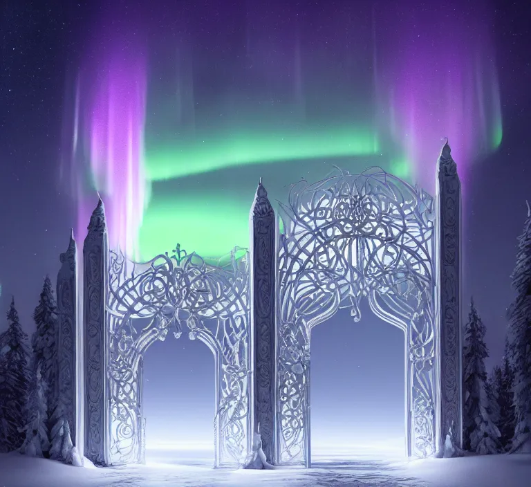 Prompt: a very detailed concept art of intricate and scandinavian white gates to aurora borealis infused with light, trending on artstation, symmetry, digital art, 4 k, hyper realistic, octane render, sharp focus