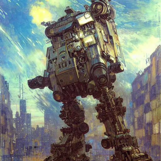 Image similar to six meters tall mech fighting in an urban environment, epic action scene, by gaston bussiere craig mullins jc leyendecker gustav klimt artgerm greg rutkowski john berkey, bergey, craig mullins, ruan jia, raymond swanland, jeremy mann, tom lovell, alex malveda