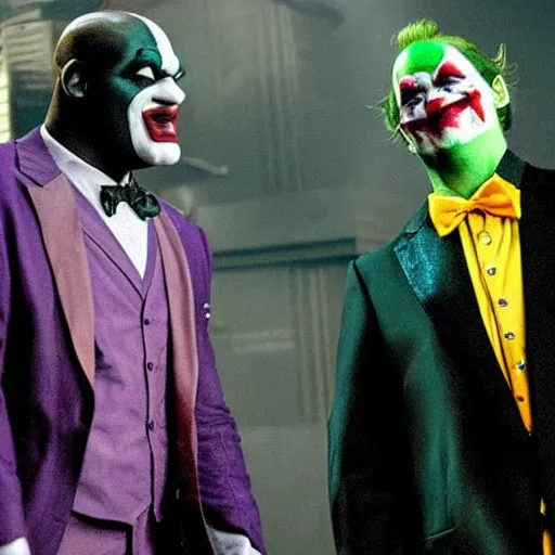 Image similar to cinematic close - up film still of shaquille o ’ neal as the joker in gotham city, shaq as the joker in his iconic green and purple suit with clown make - up