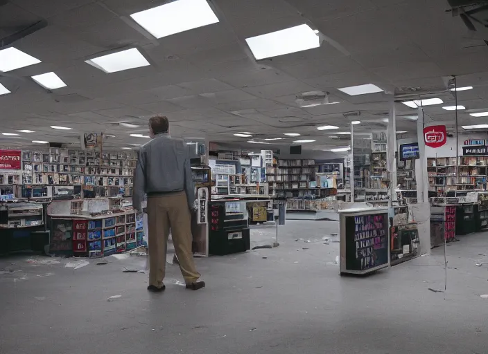 Prompt: cinematic wide shot of backlit windows of a narrow used electronics store, bryan cranston wanders the messy aisles, keyboards, iconic scene from the paranoid thriller sci fi film directed by wes anderson, anamorphic cinematography, beautiful composition, color theory, leading lines, photorealistic, volumetric lighting