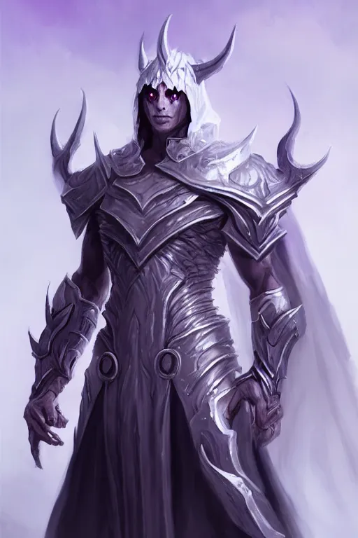 Prompt: human male demon, full body white purple cloak, hero, heavy scale armor, character concept art, costume design, black eyes, white horns, trending on artstation, Artgerm , WLOP