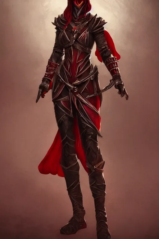 Image similar to female adventurer in tight full - body ebony leather armor of dunmer design with dark red cloth underneath and with a red porcelain crow mask, trending in artstation, establishing shot