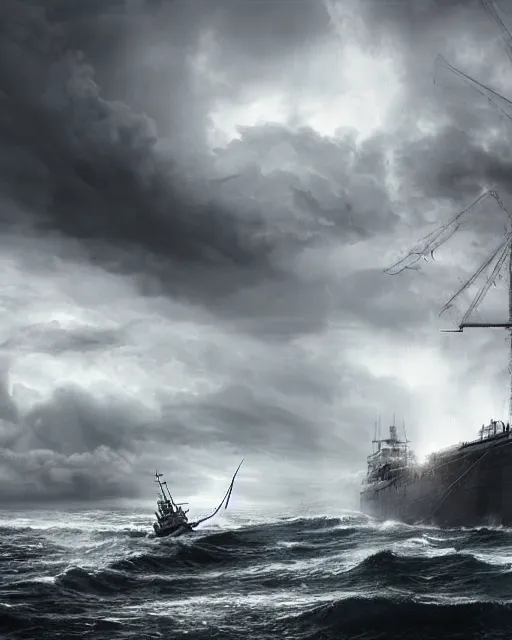 Image similar to establishing shot of a fishing boat on stormy seas, a gigantic star destroyer spaceship in the storm clouds flying overhead, star destroyer spaceship is emerging from storm clouds, stormy weather, dramatic lighting, unreal engine, hyper realism, realistic shading, cinematic composition, realistic render, octane render, detailed textures, photorealistic, ultrawide shot, 16mm lens