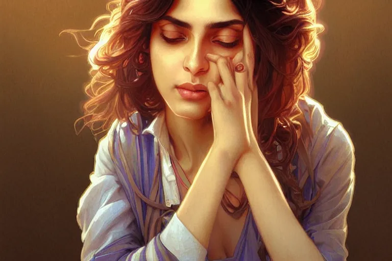 Image similar to Anxious pretty pale young Indian doctor wearing jeans at the airport, portrait, elegant, intricate, digital painting, artstation, concept art, smooth, sharp focus, illustration, art by artgerm and greg rutkowski and alphonse mucha