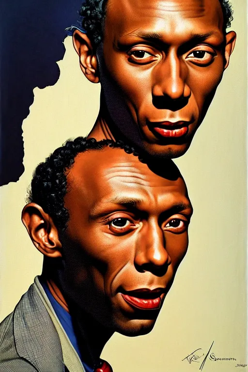 Image similar to mos def portrait by gil elvgren and norman rockwell and rob gonsalves and hajime sorayama, hyperrealistic, high detail, ultra detailed, highly detailed face, ruffled fabric