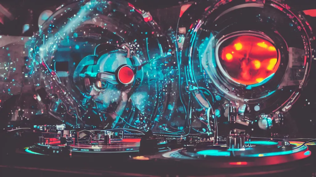 Image similar to a person wearing goggles and visor and headphones using a retro record player contraption, wires and tubes, turntablism dj scratching, intricate planetary gears, cinematic, imax, sharp focus, leds, bokeh, iridescent, black light, fog machine, hazy, lasers, hyper color digital art