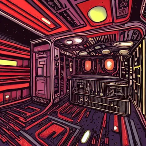 Prompt: the interior of a haunted space ship, horror style