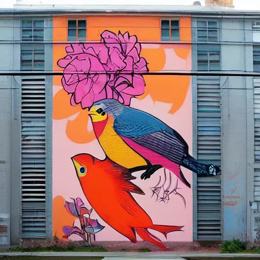 Prompt: an enormous mural in pink and orange, many colorful birds and exuberant fish mixing and blending, urban Street art by refreshink, l7m, pantone, ghibli, alphonse mucha,