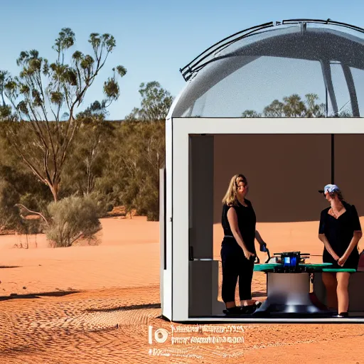 Prompt: robotic 3d printer printing a domed house frame in the australian desert, supervised by a group of three women, XF IQ4, 150MP, 50mm, F1.4, ISO 200, 1/160s, dawn