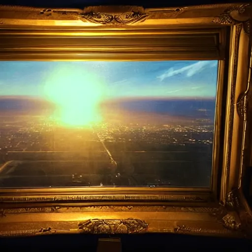 Prompt: oil painting with dramatic lighting : the view from the windows of the hindenburg blimp right before it exploded. there are no blimps in the picture because we are inside it, looking down at the ground. the woman looking down and out the window is sitting at a table drinking coffee.