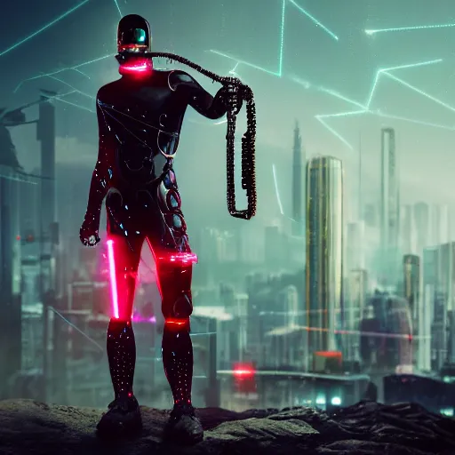 Prompt: cyberpunk man that is half a robot in half a human flesh his left eye is a red glowy eyes it's made of metal the man is holding a laser gun standing on a mountain the background is is a cyberpunk city the weather is raining