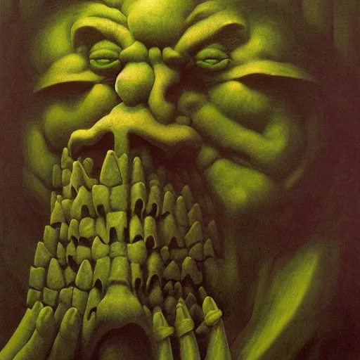 Prompt: Portrait of Angry Green Man surrounded by blocks of Swiss cheese, dark fantasy, artstation, painted by Zdzisław Beksiński and Wayne Barlowe