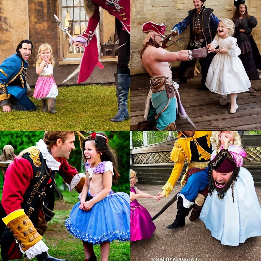 Prompt: a pirate beating prince charming while a little girl laughs