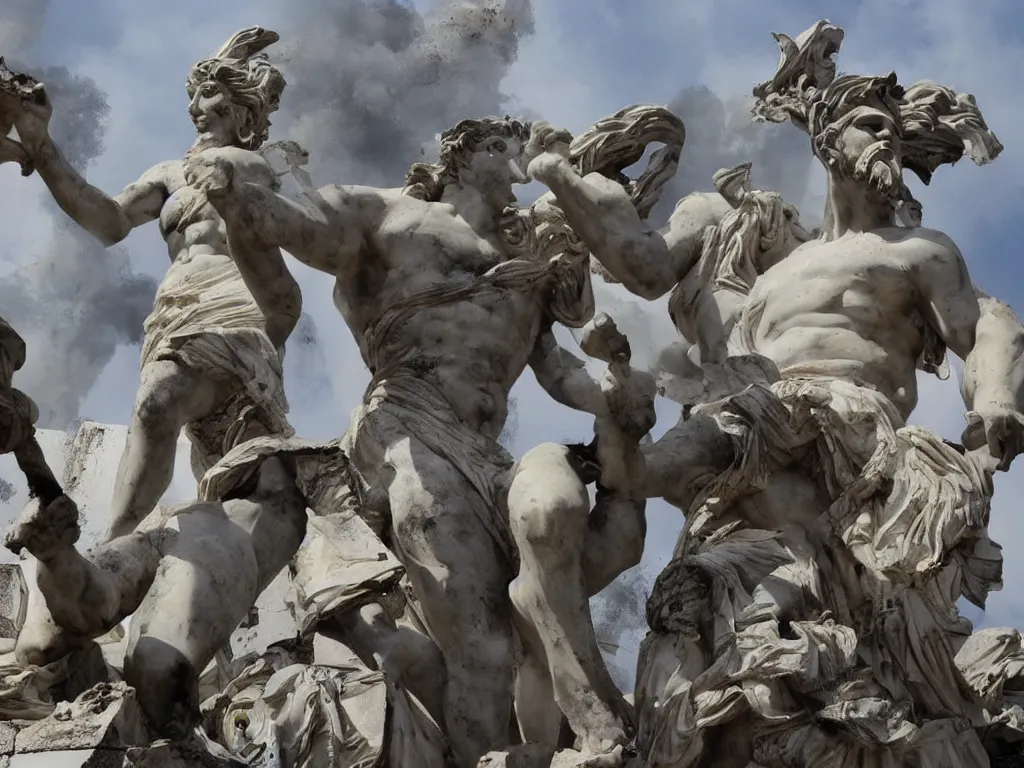 Image similar to giant greek statues attacking a city, city destruction ruins, debris flying around, swirls of fire