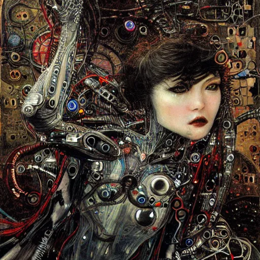 Image similar to winged cybernetic vampire trapped in circuitry, intricate detail, miro, royo, whealan, klimt,