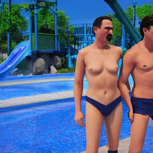 Prompt: 8 mm closeup adolf hitler and joseph stalin shirtless at a waterpark, volumetric cinematic perfect light, detailed, sony a 7 r, photorealistic, backlit, octane render, rule of thirds, unreal engine 5, 8 k