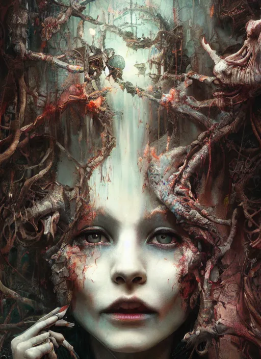 Image similar to Alice goes down the rabbit hole,highly detailed,half skull face,cinematic,8k,by Stanley Artgermm,Tom Bagshaw,Greg Rutkowski,Carne Griffiths, Ayami Kojima, Beksinski, Giger,trending on DeviantArt,hyper detailed,horror, full of colour