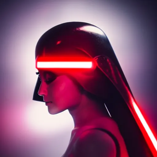 Image similar to Ariana Grande as Darth Vader, studio lighting, cinematic, red lightsaber, glowing, cute