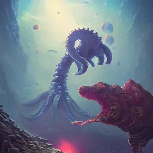 Prompt: Astronauts are riding some mythical animals and they are swimming under a sea, this is an extravagant planet with wacky wildlife, the giant kraken is behind them, the background is full of ancient ruins, by Jordan Grimmer digital art, trending on Artstation,