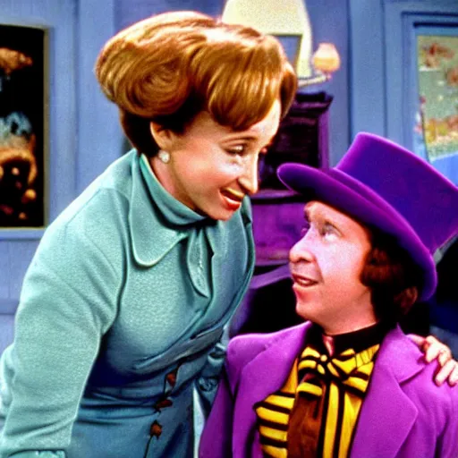 Prompt: a frame from the movie willy wonka and the chocolate factory, starring nancy pelosi and tim allen
