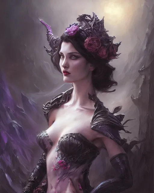 Prompt: daniel gerhartz and artgerm detailed portrait digital rococo painting of a beautiful villainess wearing fantasy clothing like liliana vess, evil mood, hellish battlefield in the background, embers, unreal engine, hyper realism, realistic shading, cinematic composition, blender render, octane render, hdr, detailed textures, photorealistic, ultrawide shot, 3 5 mm film