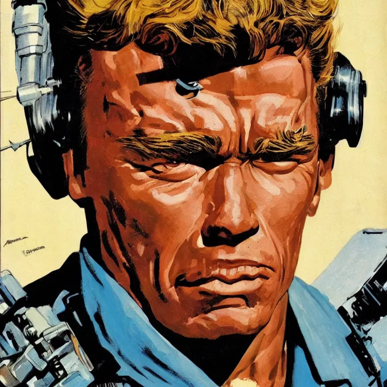 Image similar to scifi portrait of Arnold Schwarzenegger by Robert McGinnis, pulp comic style, circa 1958, photorealism