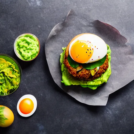 Image similar to juicy vegan hamburger with guacamole topping and crispy fried onion topping and a fried egg topping, crispy buns, 8 k resolution, professional food photography, studio lighting, sharp focus, hyper - detailed