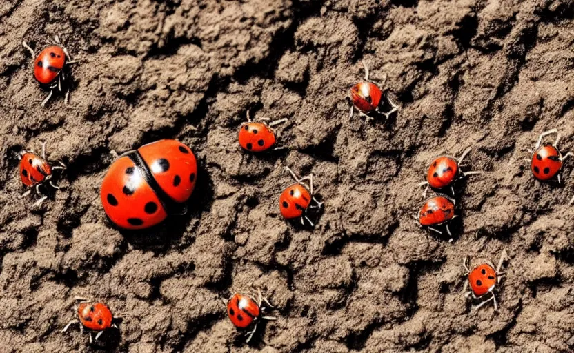 Prompt: a tiny world made of mud, there is a beautiful ladybug with 6 legs ready to fly away, wings opened up, ambient light, beautiful photography