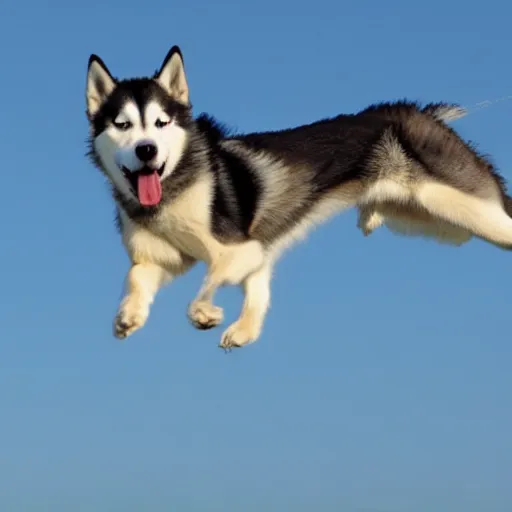 Prompt: a very happy husky flying through the sky