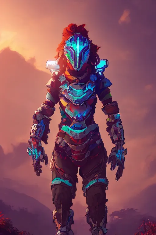 Image similar to combination suit armor aloy horizon forbidden west horizon zero dawn radiating a glowing aura global illumination ray tracing hdr fanart arstation by ian pesty and alena aenami artworks in 4 k tribal robot ninja mask helmet backpack