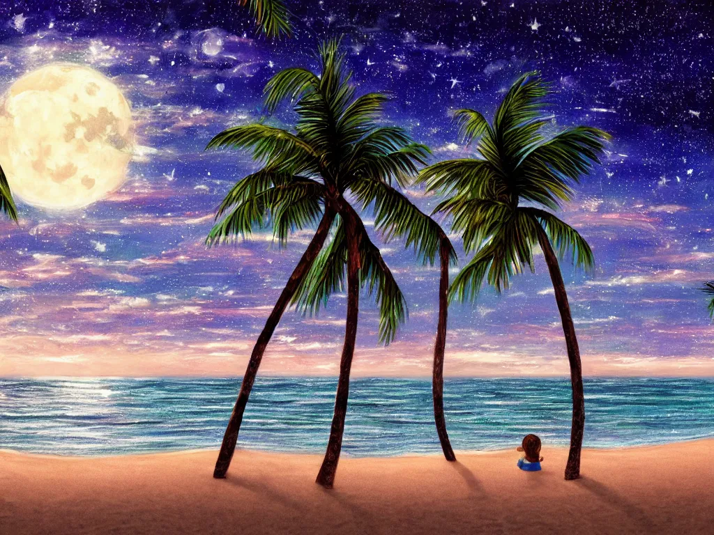 Prompt: night on a summer beach in miami, palm trees, footprints in the sand, full moon reflected in the calm ocean, starry sky 8 k, ultra detailed, trending on artstation, digital painting