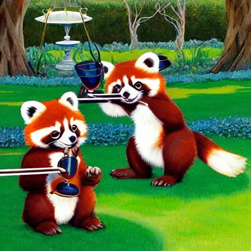 Prompt: very cute friendly happy high energy red pandas at a fancy garden party playing croquet and drinking lemonade, artwork by mark brooks and Asher Brown Durand, grand master, cinematic