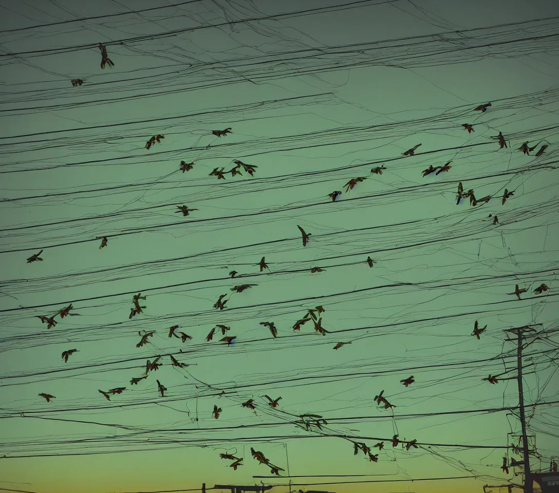 Image similar to a 3 5 mm photography of a lot of green parrots on the power lines glowing and reflecting green light from the flash of the camera at night