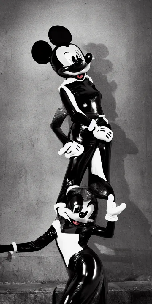 Image similar to photographic shot of mickey mouse wearing a latex outfit in front of berghain, berlin style, photography by sven marquardt, highly detailed, photorealistic, 4 k