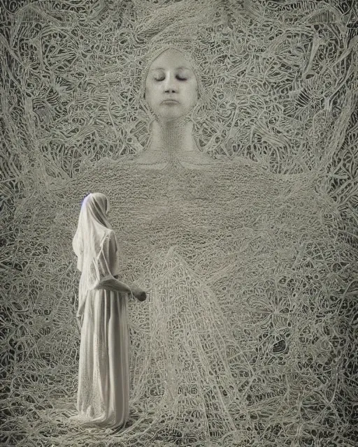 Image similar to a woman standing by the sea, made of intricate decorative lace leaf skeleton, in the style of the dutch masters and gregory crewdson, dark and moody