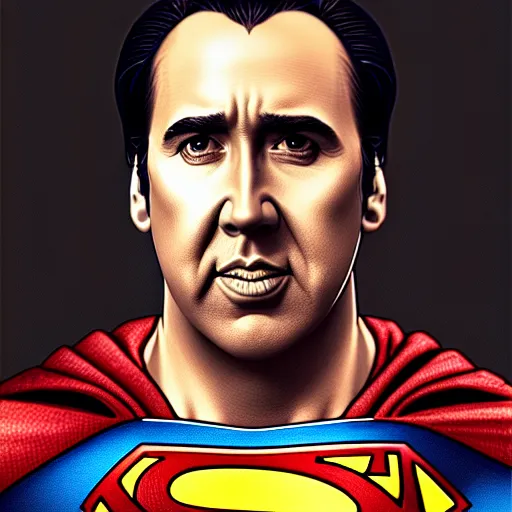 Image similar to upper body portrait of nicolas cage as superman, intricate, elegant, highly detailed, digital painting, artstation, concept art, smooth, sharp focus, illustration, art by artgerm and greg rutkowski and alphonse mucha, award winning, 8 k