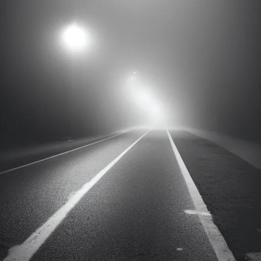 Image similar to Beautiful cameraphone 2000s, soft liminal Photograph of foggy road, hedge night, streetlight.