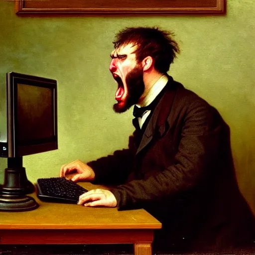 Image similar to an angry man yells at his computer monitor, oil on canvas, 1 8 8 3, highly detailed