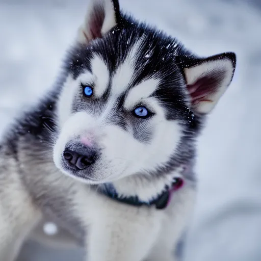 Prompt: A husky puppy with heterochromia , snowy environment, detailed close-up, 4k photo