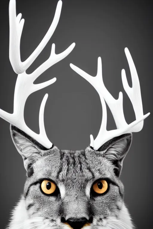Image similar to geometric cat head with majestic low polygon deer antlers, award winning portrait shot, 4k studio lighting, bokeh, glowing whiskers , black and white, white highlights on antlers, bright white neon eyes