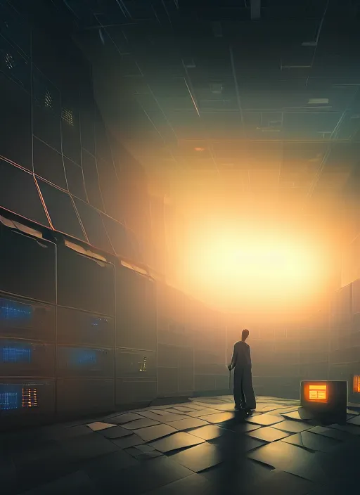 Image similar to abstract data center server, business technology blurred polygonal geometric space, hi tech digital interior, cinematic view, epic sky, detailed, concept art, low angle, high detail, warm lighting, volumetric, godrays, vivid, beautiful, trending on artstation, by jordan grimmer, huge scene, art greg rutkowski