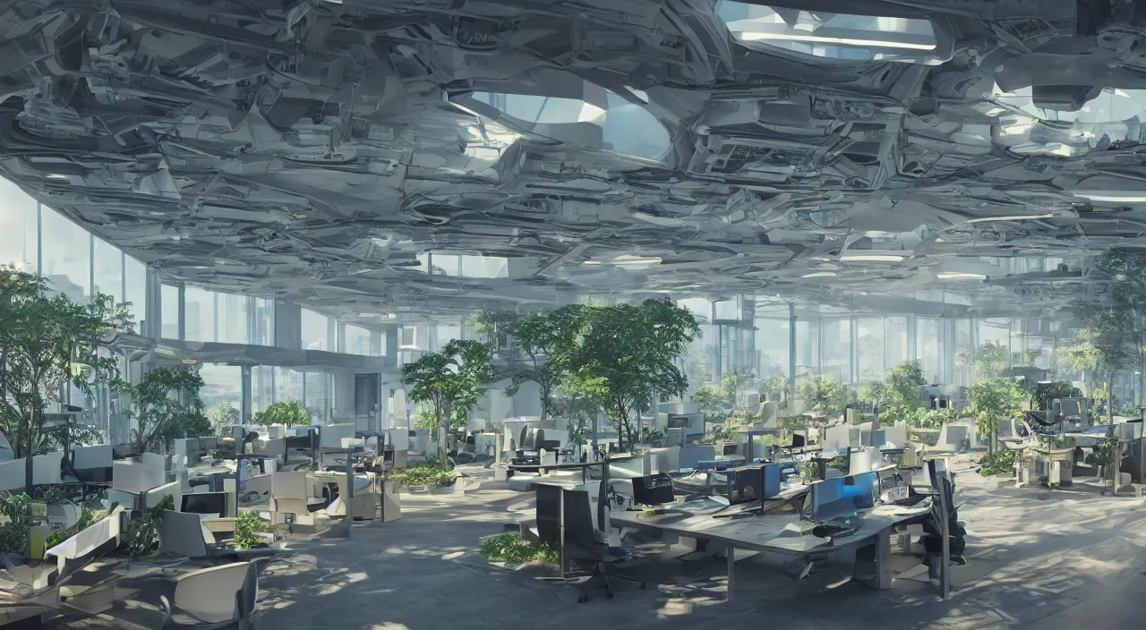 Prompt: futuristic open office with parks and plants, glowing computer screens, bright with large windows and voluminous light and light rays, extremely intricate, very detailed, artstation, octane render, warm color highlights, cinematic lighting