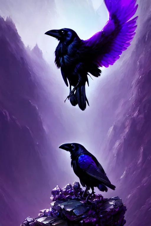 Image similar to portrait of a beautiful one raven perched on purple crystals that are glowing in a misty valley, establishing shot, extremly high detail, foto realistic, cinematic lighting, by yoshitaka amano, ruan jia, kentaro miura, artgerm, post processed, concept art, artstation, raphael lacoste, alex ross