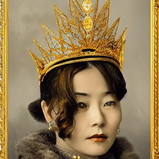 Image similar to a wide full shot, russian and japanese mix 1 9 0 0 s historical fantasy of a photograph portrait taken of a royal gold leaf tiara with intertwined white feathers, photographic portrait, warm lighting, from an official photographer from the royal museum. displayed in a museum.